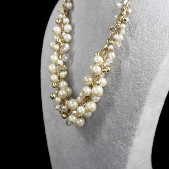 Vintage The Limited Faux White Pearl Shaky Necklace Two-Tone Clear Crystal Beads - Picture 7 of 9